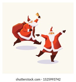 Set of cartoon Christmas illustrations. Funny happy Santa Claus character with gift, bag with presents, waving and greeting. For Christmas cards, banners, tags and labels.