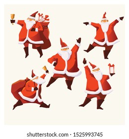 Set of cartoon Christmas illustrations. Funny happy Santa Claus character with gift, bag with presents, waving and greeting. For Christmas cards, banners, tags and labels.