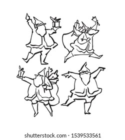 Set of cartoon Christmas illustrations. Funny happy Santa Claus character with gift, bag with presents, waving and greeting. For Christmas cards, banners, tags and labels.