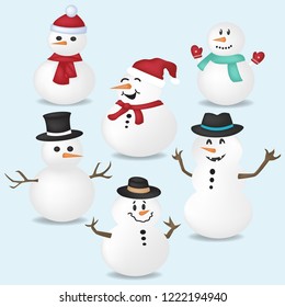 Set of cartoon Christmas illustrations, happy snowman character. For Christmas cards, banners, tags and labels.
