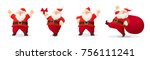 Set of cartoon Christmas illustrations isolated on white. Funny happy Santa Claus character with gift, bag with presents, waving and greeting. For Christmas cards, banners, tags and labels.