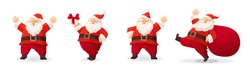 Set Of Cartoon Christmas Illustrations Isolated On White. Funny Happy Santa Claus Character With Gift, Bag With Presents, Waving And Greeting. For Christmas Cards, Banners, Tags And Labels.