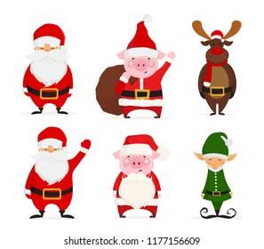 Set of cartoon Christmas illustrations isolated on white. Funny Santa Claus, Christmas Elf, Deer and Pig dressed in Santa costume. Vector illustration.