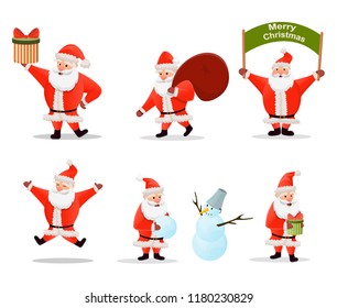 Set of cartoon Christmas illustrations isolated on white. Funny happy Santa Claus character. For Christmas cards, banners, tags and labels.