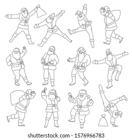 Set of cartoon Christmas illustrations isolated on color background. Funny happy Santa Claus character with gift, bag with presents, dancing. For Christmas cards, coloring book. Line art vector design
