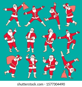 Set of cartoon Christmas illustrations isolated on color background. Funny happy Santa Claus character with gift, bag with presents, dancing. For Christmas cards, coloring book. Line art vector design