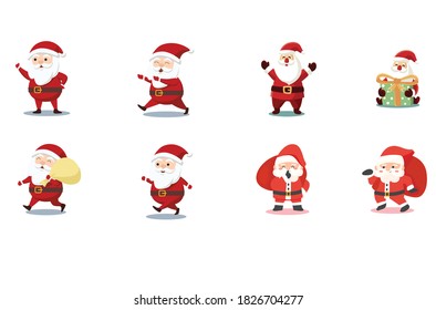 Set of cartoon Christmas illustrations isolated on white. Funny happy Santa Claus characters with gift, bag with presents, waving and greeting. For Christmas cards, banners, tags and labels