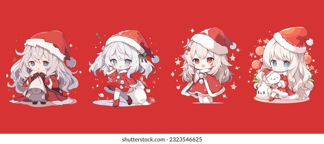 Set of cartoon Christmas illustrations isolated on red anime female santa claus