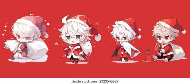 Set of cartoon Christmas illustrations isolated on red anime male santa claus