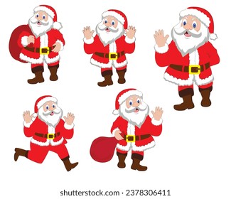 Set of cartoon Christmas illustrations isolated on white. Vector illustration isolated. Funny happy Santa Claus character with gift,  Christmas cards, banners, tags and labels.
