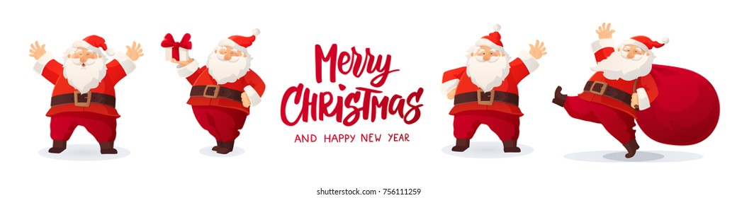 Set of cartoon Christmas illustrations isolated on white. Funny happy Santa Claus character with gift, bag with presents, waving and greeting. For Christmas cards, banners, tags and labels.