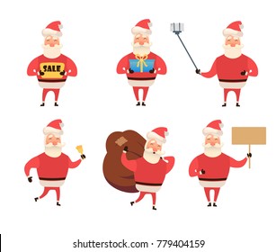 Set of cartoon Christmas illustrations isolated on white. Funny happy Santa Claus character with gift, bag with presents, waving and greeting. For Christmas cards, banners, tags and labels.