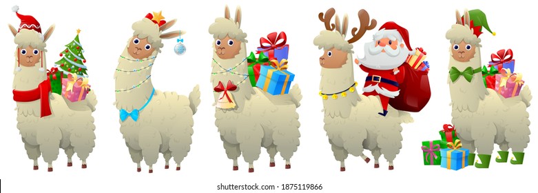 Set of cartoon Christmas lama. Alpaca character has a lot of gift box and santa. Merry Christmas and happy new year with  cute alpaca wearing Christmas costume. Vector illustration
