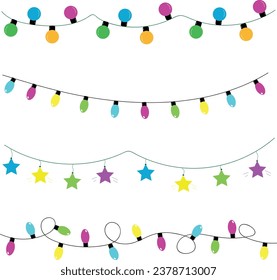 Set of the cartoon Christmas light bulbs garlands on transparent background. Christmas, New Year, party concept.