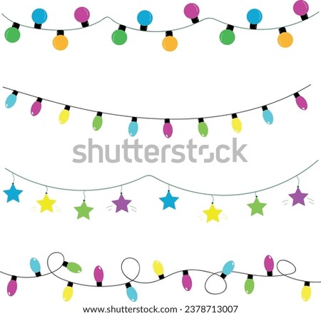 Set of the cartoon Christmas light bulbs garlands on transparent background. Christmas, New Year, party concept.