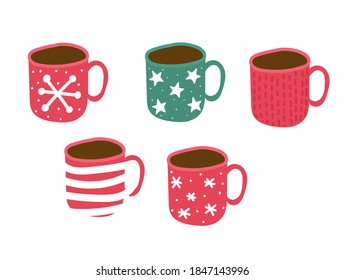 Set of cartoon christmas mugs with decorations. New year colored decorations. Element of funny celebration. Vector illustration isolated on white