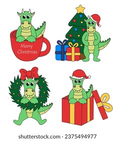 Set of cartoon Christmas and New Year Dragon characters. Cute Dragon in cup and in gift box, wreath, Christmas tree. Vector flat illustration.