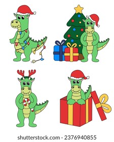 Set of cartoon Christmas and New Year Dragon characters. Cute Dragon in gift box, garland, candy cane, Deer Antler Headband, Christmas tree. Vector flat illustration.