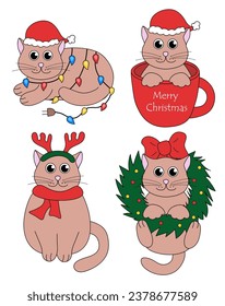Set of cartoon Christmas and New Year Cat characters. Cute Kittens in cup, garland, Deer Antler Headband, wreath. Vector flat illustration.