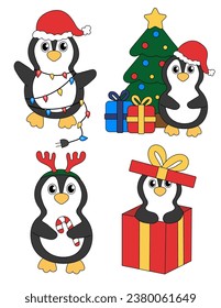 Set of cartoon Christmas and New Year Penguin characters. Cute Penguins in gift box, garland, candy cane, Deer Antler Headband, Christmas tree. Vector flat illustration.