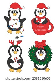 Set of cartoon Christmas and New Year Penguin characters. Cute Penguins in cup, garland, candy cane, Deer Antler Headband, wreath. Vector flat illustration.