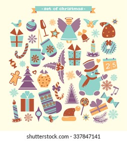 Set of cartoon christmas and new year element. Winter vector illustration.