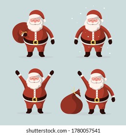 Set of cartoon Christmas Santa Claus characters with gift bag with presents, waving and greeting. Vector isolated funny happy new year illustration for xmas cards, banners and labels.