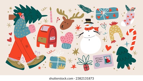 Set of cartoon christmas stickers in the retro groovy style of the 90s. Hippie Christmas characters, snowman, gifts. Acid bright elements