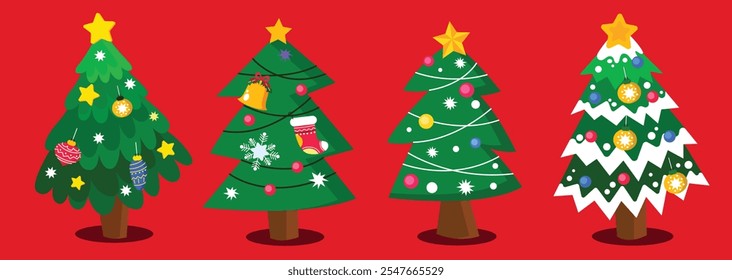 Set of cartoon christmas tree collection vector
