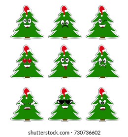 Set of cartoon christmas tree Emoticons. Vector cute stickers of christmas tree