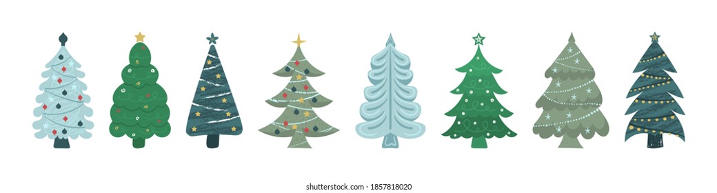 Set of cartoon Christmas trees, pines for greeting card, invitation, banner, web. New Years and xmas traditional symbol tree with garlands, light bulb, star. Winter holiday. Flat design, vector.