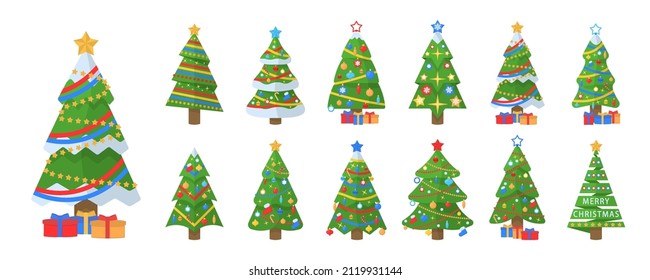 Set of cartoon Christmas trees, pines for greeting card, invitation,banner, web. Winter holiday. Icons collection.