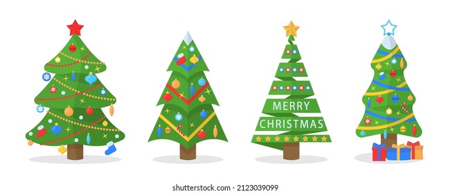 Set of cartoon Christmas trees, pines for greeting card, invitation,banner, web. Winter holiday. Icons collection. Vector illustration, EPS 10.