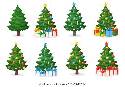 Set of cartoon Christmas trees with presents isolated on white background. Decorations with stars, balls and garlands. Holiday gift boxes, vector illustration. For New Year cards, banners, posters.