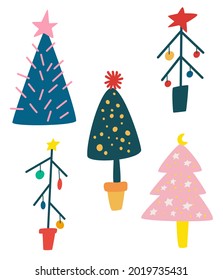 Set von Cartoon Weihnachtsbäumen. Winterwald. Neujahrsdekor. Feiertags Party grüne Tanne mit Gartendekoration. Dekorierte Weihnachtsbäume. Flache Vektorgrafik-Kollektion für Urlaubsplanung.