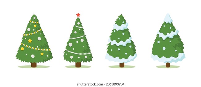 Set of Cartoon Christmas Trees, Winter Holiday Isolated Pines for Greeting Cards and Invitation Design. New Years and Xmas Traditional Trees with Snow, Garlands, Bulbs, Star. Vector Icons Collection
