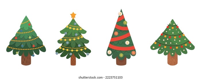 Set of Cartoon Christmas Trees, Winter Holiday Isolated Pines for Greeting Cards and Invitation Design. New Years and Xmas Traditional Trees with Garlands, Bulbs, Star. Vector Icons Collection