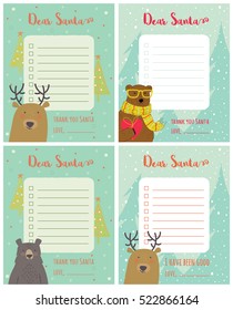 A set of cartoon Christmas wish lists with a deer and bear on winter background.