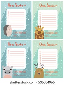 A set of cartoon Christmas wish lists with a hedgehog, giraffe, hippo and deer on the winter background.
A letter to Santa Claus. Holidays background for kids.