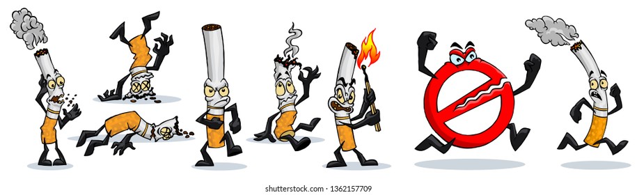 Set of cartoon cigarettes with different emotions, smoking is harmful to health, cigarette collection vector illustration. Lit cigarette with smoke, ban on smoking. Cigarette with eyes .