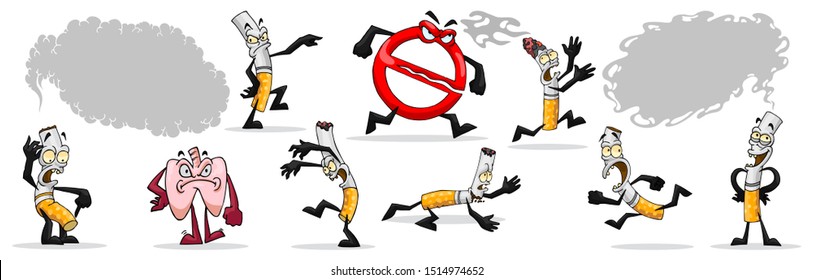 Set of cartoon cigarettes with different emotions, smoking is harmful to health, cigarette collection vector illustration. Lit cigarette with smoke, ban on smoking. Cigarette with eyes .