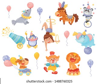 Set of cartoon circus performers. Vector illustration on a white background.