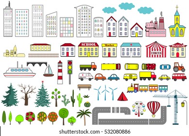 Set of cartoon city map elements. Vector illustration. Buildings, cars, road, trees, and other city objects