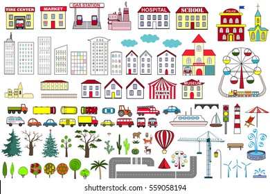 Set Of Cartoon City Map Elements. Vector Illustration. Buildings, Cars, Road, Trees, And Other City Objects