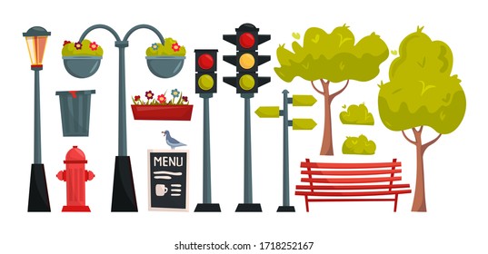Set cartoon city and park elements vector illustration isolated on white background. 
Traffic light, signs, trees, flowerpots, street lamp, fire hydrant, trash, bushes, pigeon. Town constructor.