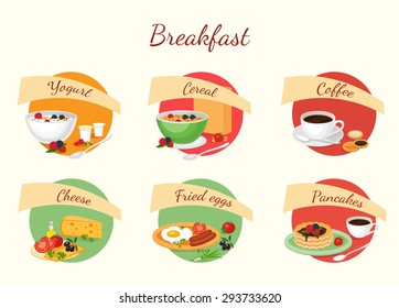 Set of cartoon classic breakfast with yogurt, cereal, fruits, coffee, cheese, vegetables, fried eggs, sausage, pancakes. Food icon vector illustration