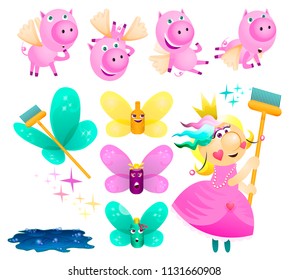 Set Cartoon Clean: Character Fairy Princess Mistress, Piglets, Bottles with Shampoo, Brush, Broom, Dirt Mud, Sparks, Stars and Soap Bubbles. Colorful hand drawn vector illustration.