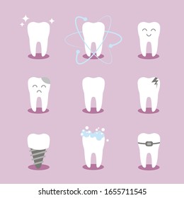 Set of cartoon clean and dirty teeth isolated on pink background. Flat style dental health concept. Oral hygiene, teeth cleaning. Vector illustration.