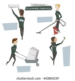 Set cartoon cleaner people character vector illustration. Cleaning and utility service concept poster