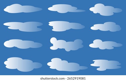 Set of cartoon cloud assets for diverse design needs. Features white clouds with transparent effects, ready for quick integration. Enhance your projects with these essential, user-friendly sky graphic
